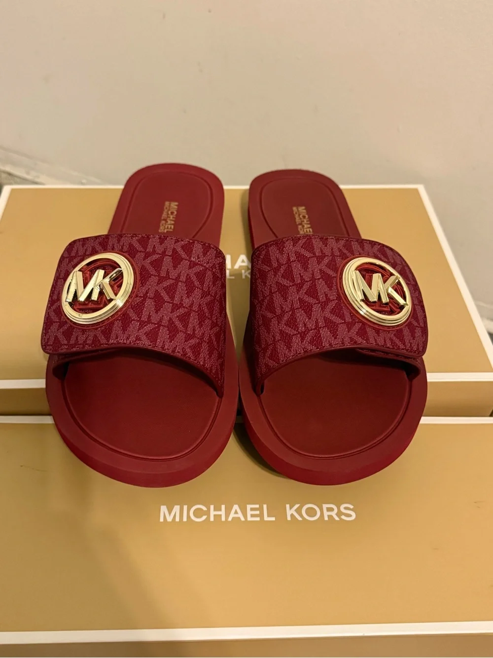 Michael Kors Red MK Logo Slide Sandals with Gold Emblem